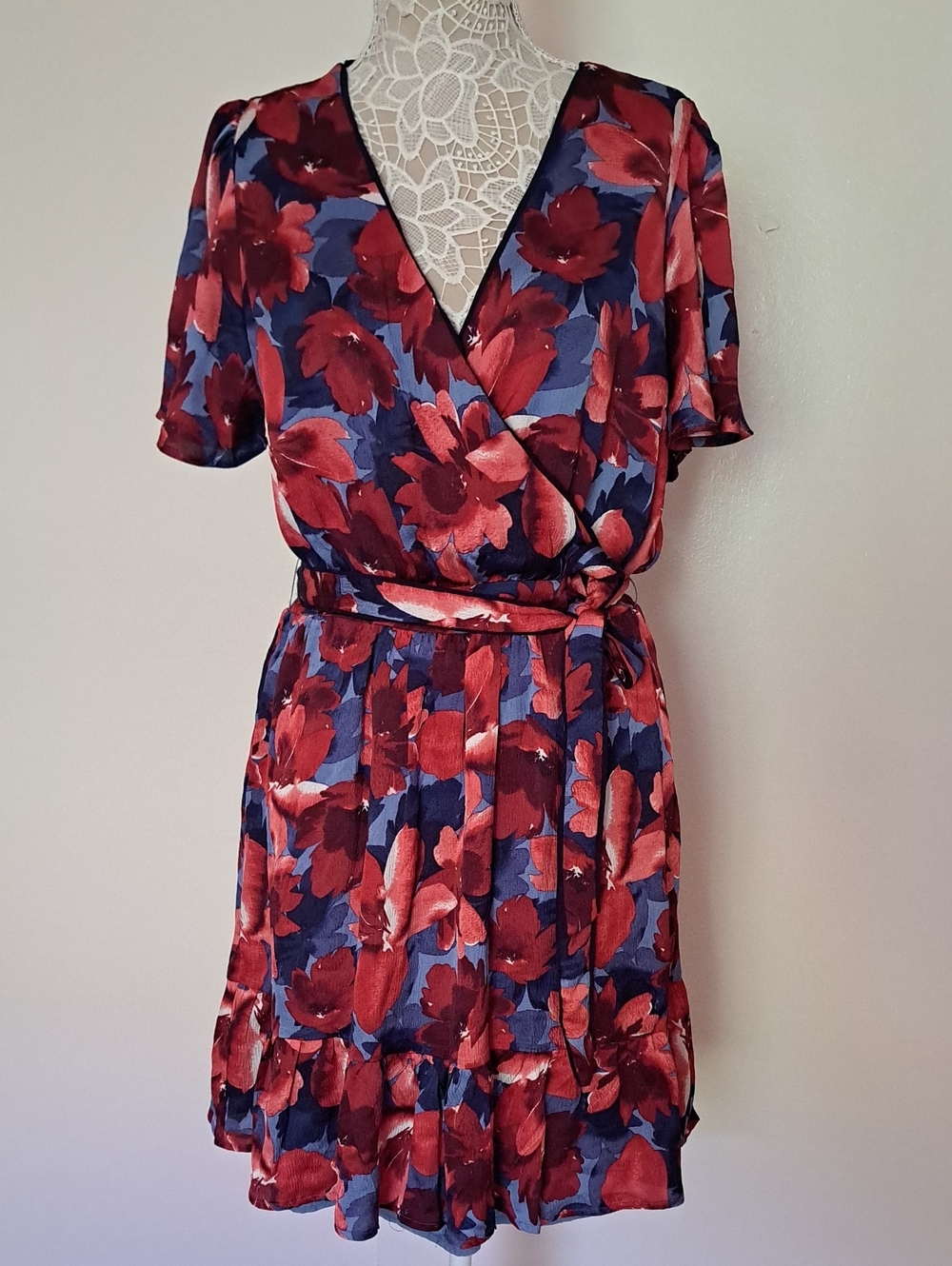 Draper James Red Floral Wrap Midi Dress on Blue